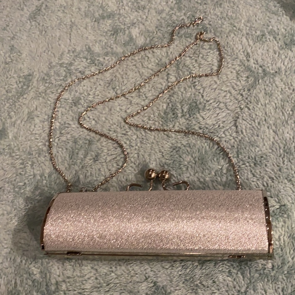 NWT Lovely N.Y. silver hard case clutch